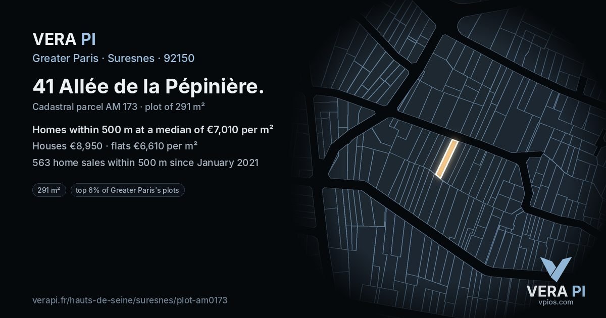 41 Allée de la Pépinière, Suresnes at night – the plot lit, the parcels around coloured by the prices near them