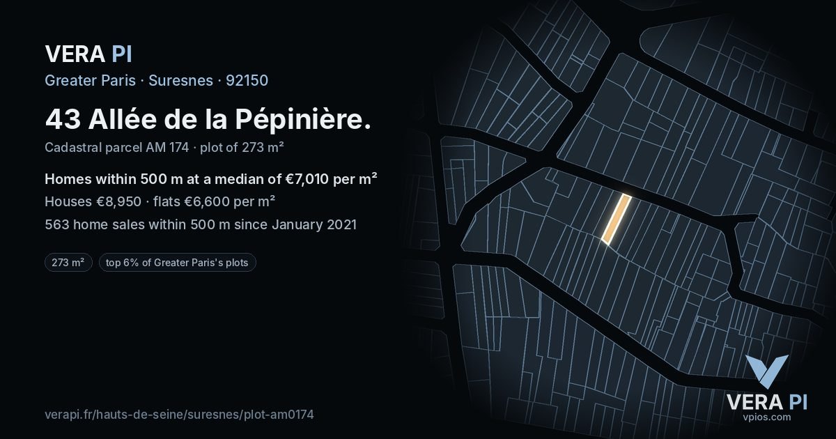 43 Allée de la Pépinière, Suresnes at night – the plot lit, the parcels around coloured by the prices near them