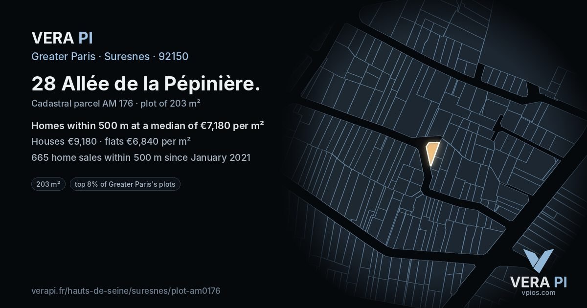 28 Allée de la Pépinière, Suresnes at night – the plot lit, the parcels around coloured by the prices near them