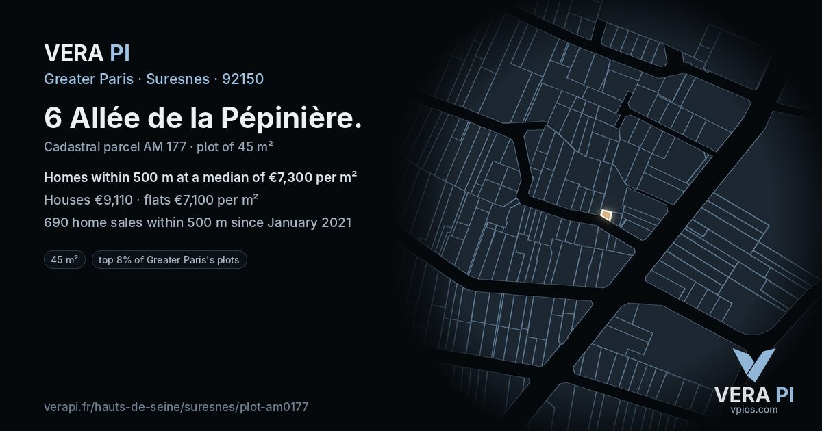 6 Allée de la Pépinière, Suresnes at night – the plot lit, the parcels around coloured by the prices near them