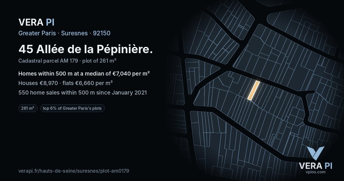 45 Allée de la Pépinière, Suresnes at night – the plot lit, the parcels around coloured by the prices near them