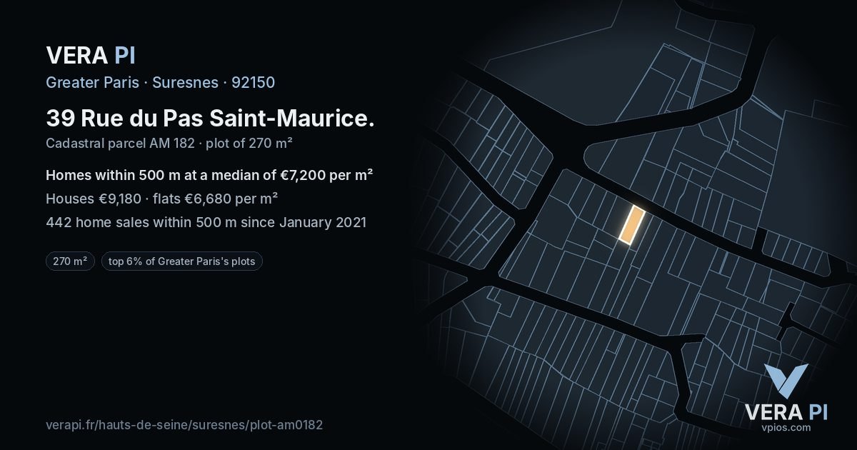 39 Rue du Pas Saint-Maurice, Suresnes at night – the plot lit, the parcels around coloured by the prices near them