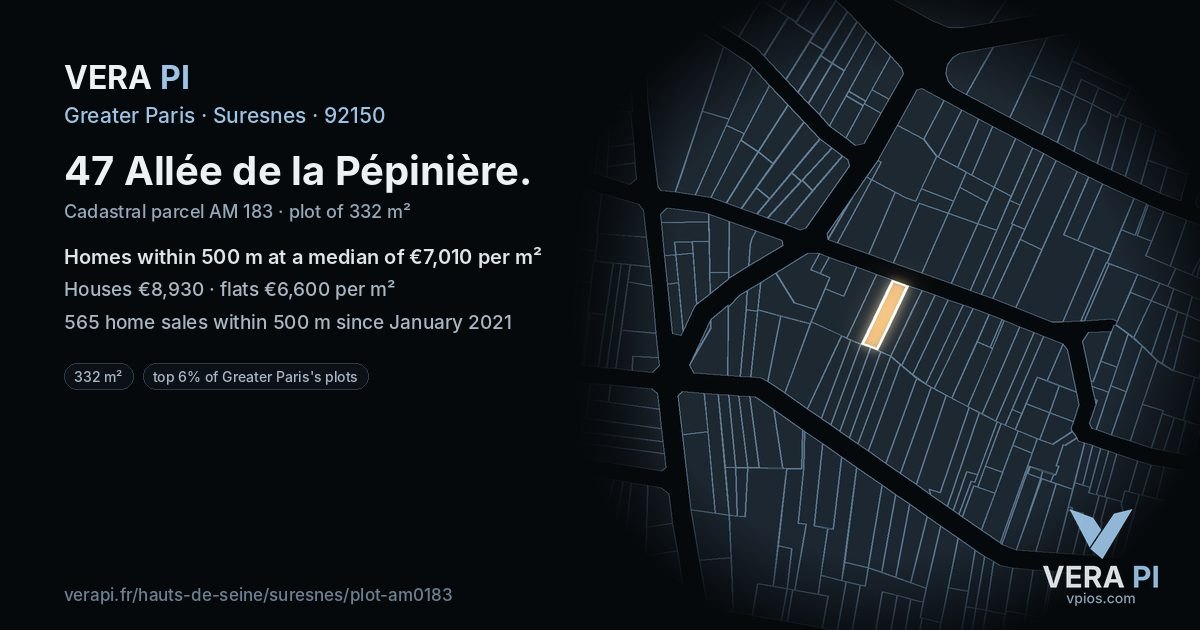47 Allée de la Pépinière, Suresnes at night – the plot lit, the parcels around coloured by the prices near them