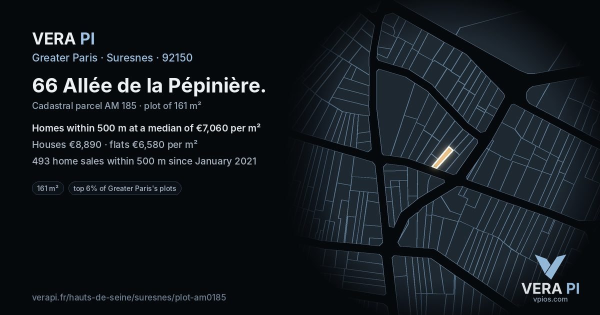 66 Allée de la Pépinière, Suresnes at night – the plot lit, the parcels around coloured by the prices near them