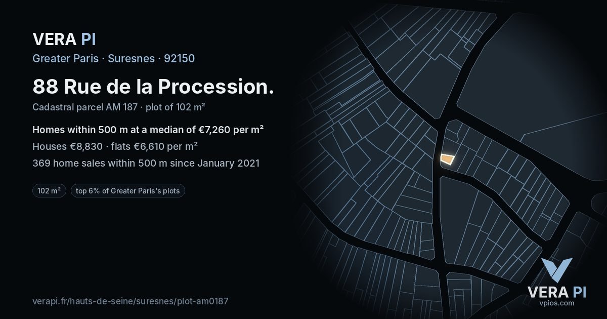 88 Rue de la Procession, Suresnes at night – the plot lit, the parcels around coloured by the prices near them