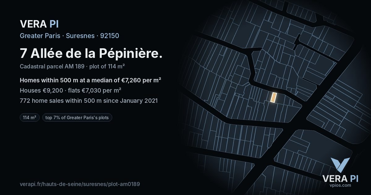 7 Allée de la Pépinière, Suresnes at night – the plot lit, the parcels around coloured by the prices near them
