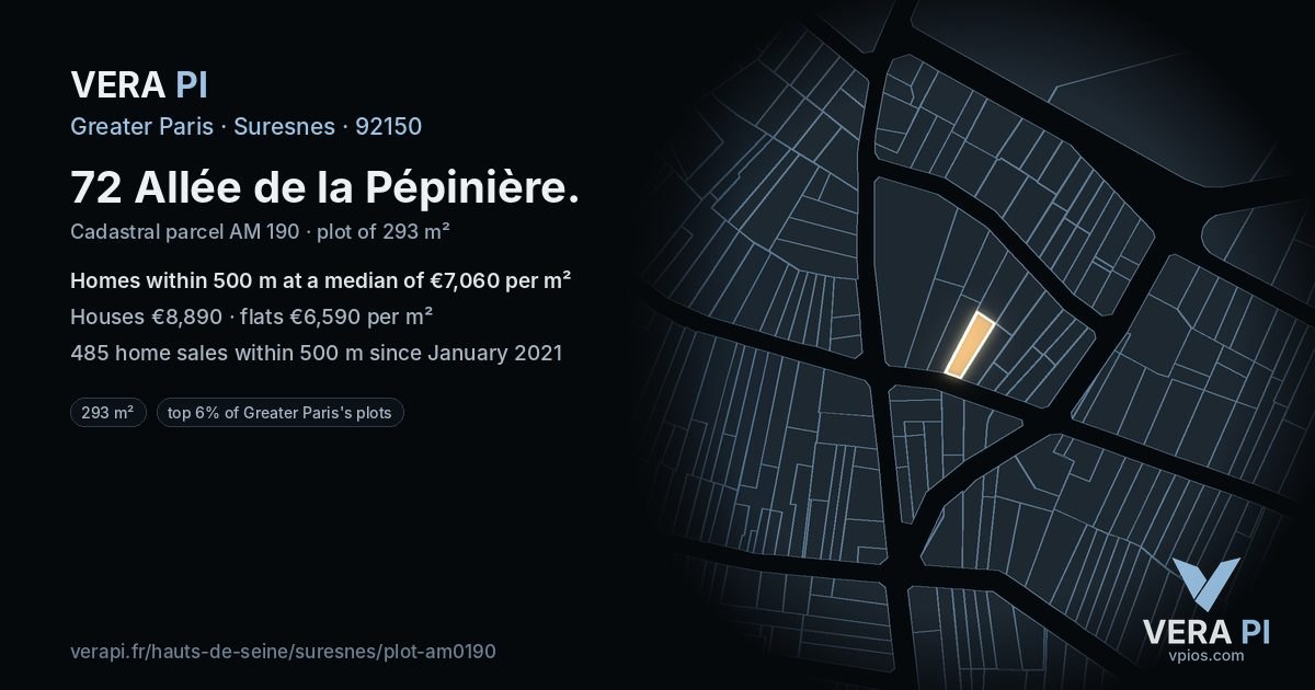 72 Allée de la Pépinière, Suresnes at night – the plot lit, the parcels around coloured by the prices near them
