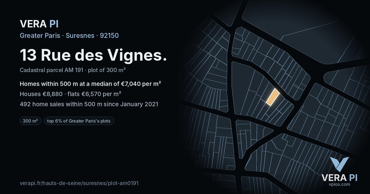 13 Rue des Vignes, Suresnes at night – the plot lit, the parcels around coloured by the prices near them