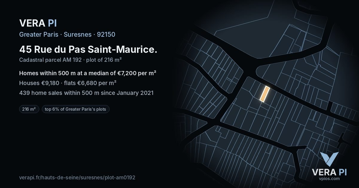 45 Rue du Pas Saint-Maurice, Suresnes at night – the plot lit, the parcels around coloured by the prices near them