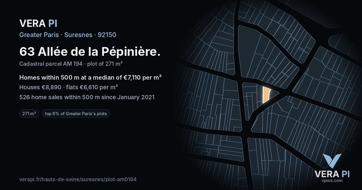 63 Allée de la Pépinière, Suresnes at night – the plot lit, the parcels around coloured by the prices near them