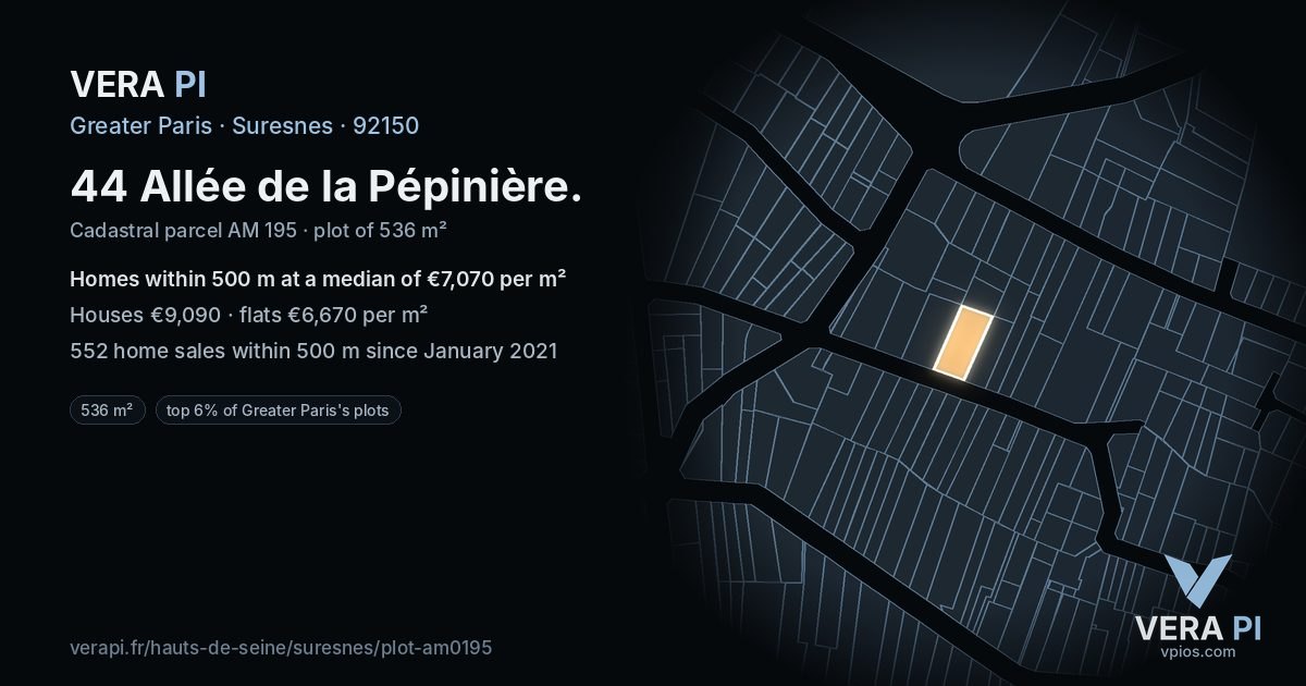 44 Allée de la Pépinière, Suresnes at night – the plot lit, the parcels around coloured by the prices near them