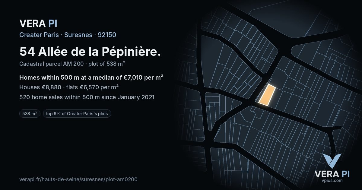 54 Allée de la Pépinière, Suresnes at night – the plot lit, the parcels around coloured by the prices near them