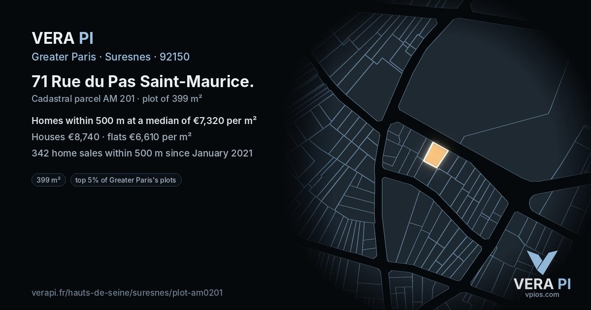 71 Rue du Pas Saint-Maurice, Suresnes at night – the plot lit, the parcels around coloured by the prices near them