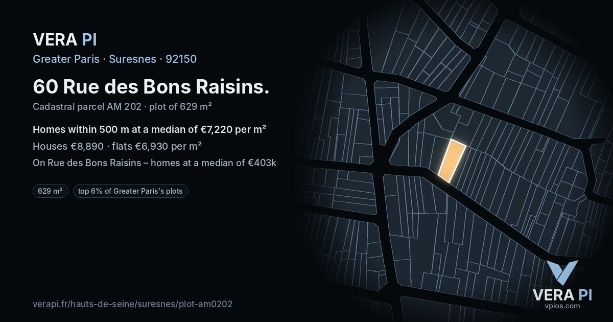 60 Rue des Bons Raisins, Suresnes at night – the plot lit, the parcels around coloured by the prices near them