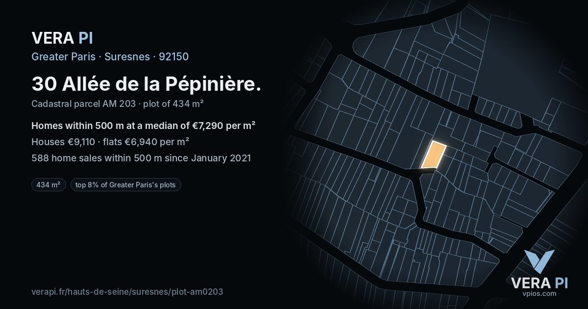 30 Allée de la Pépinière, Suresnes at night – the plot lit, the parcels around coloured by the prices near them
