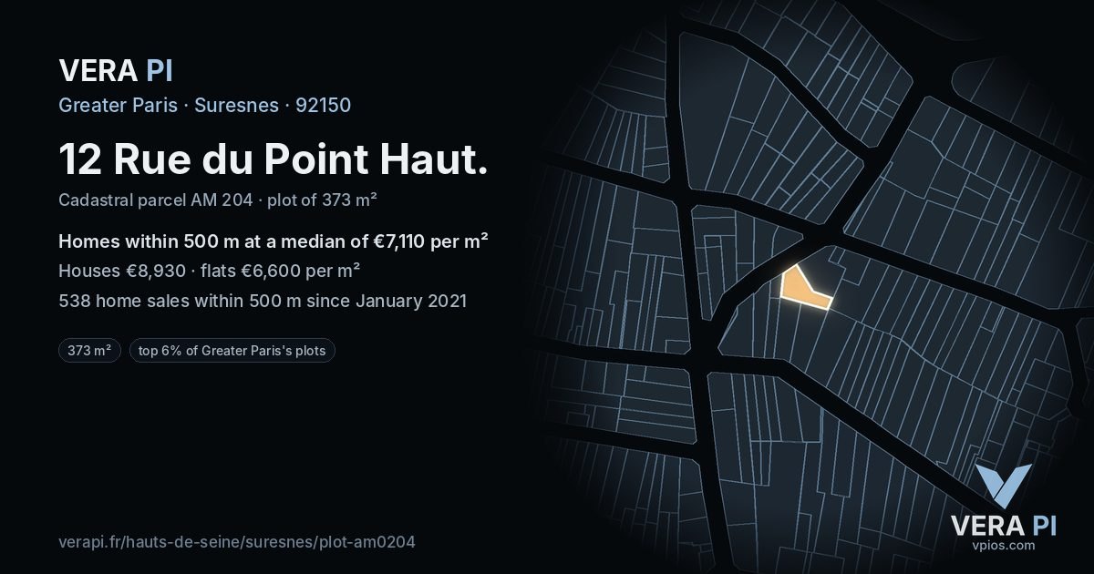 12 Rue du Point Haut, Suresnes at night – the plot lit, the parcels around coloured by the prices near them