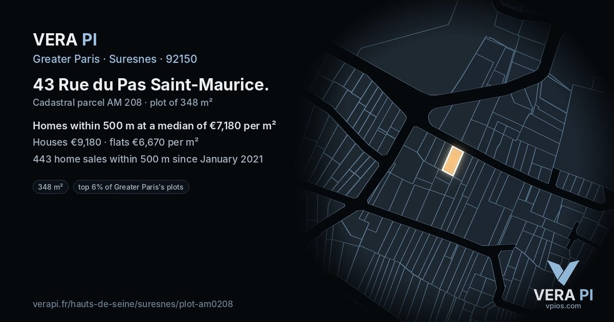 43 Rue du Pas Saint-Maurice, Suresnes at night – the plot lit, the parcels around coloured by the prices near them