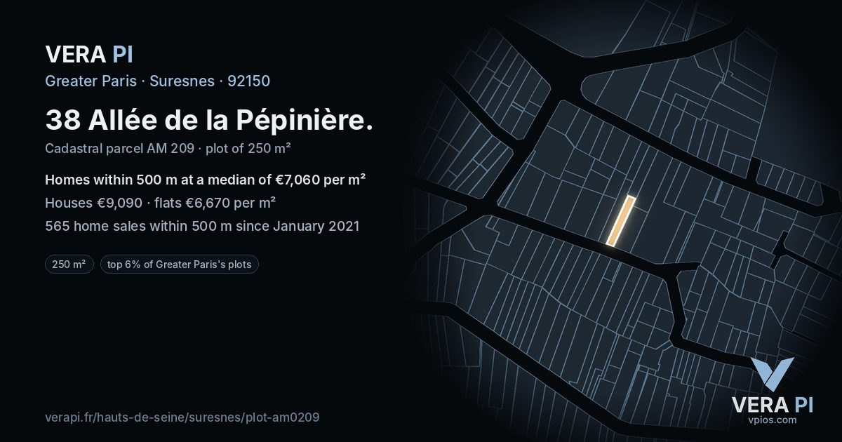 38 Allée de la Pépinière, Suresnes at night – the plot lit, the parcels around coloured by the prices near them