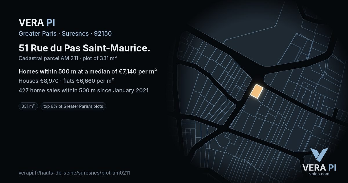 51 Rue du Pas Saint-Maurice, Suresnes at night – the plot lit, the parcels around coloured by the prices near them