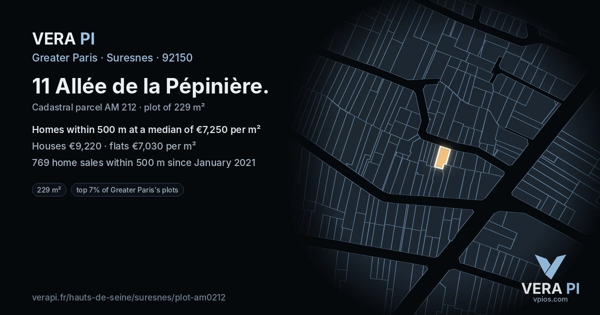 11 Allée de la Pépinière, Suresnes at night – the plot lit, the parcels around coloured by the prices near them