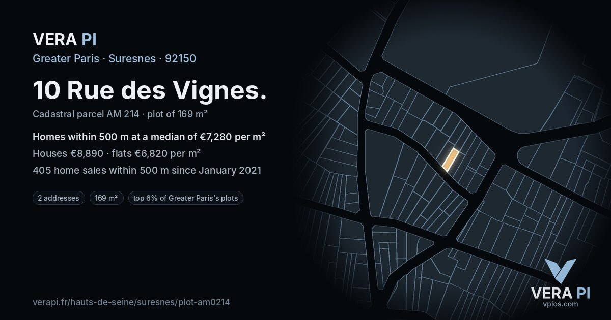 10 Rue des Vignes, Suresnes at night – the plot lit, the parcels around coloured by the prices near them