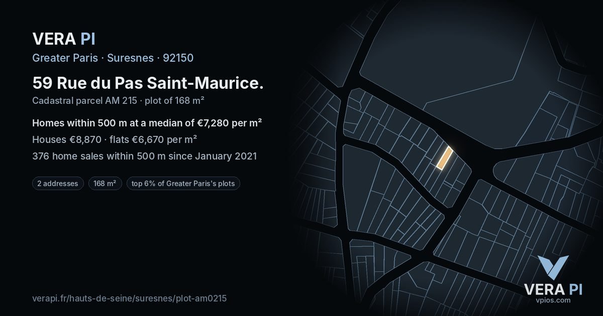 59 Rue du Pas Saint-Maurice, Suresnes at night – the plot lit, the parcels around coloured by the prices near them