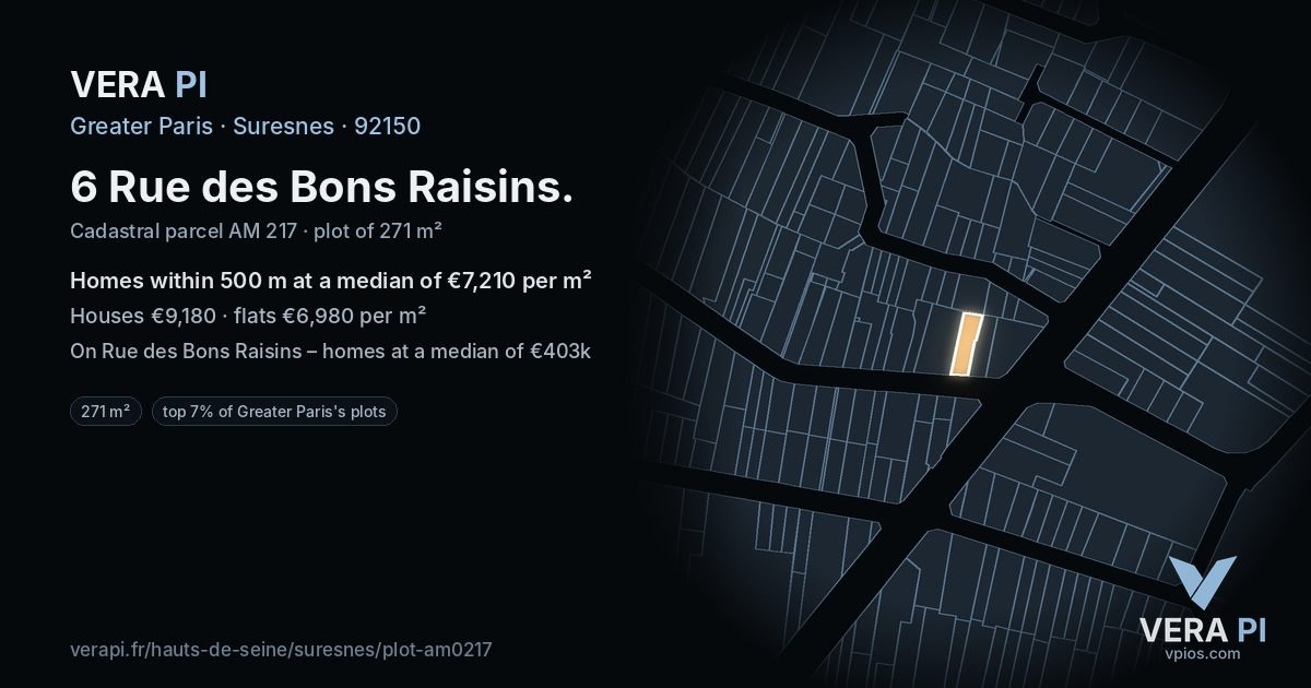 6 Rue des Bons Raisins, Suresnes at night – the plot lit, the parcels around coloured by the prices near them