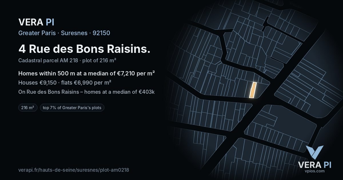 4 Rue des Bons Raisins, Suresnes at night – the plot lit, the parcels around coloured by the prices near them