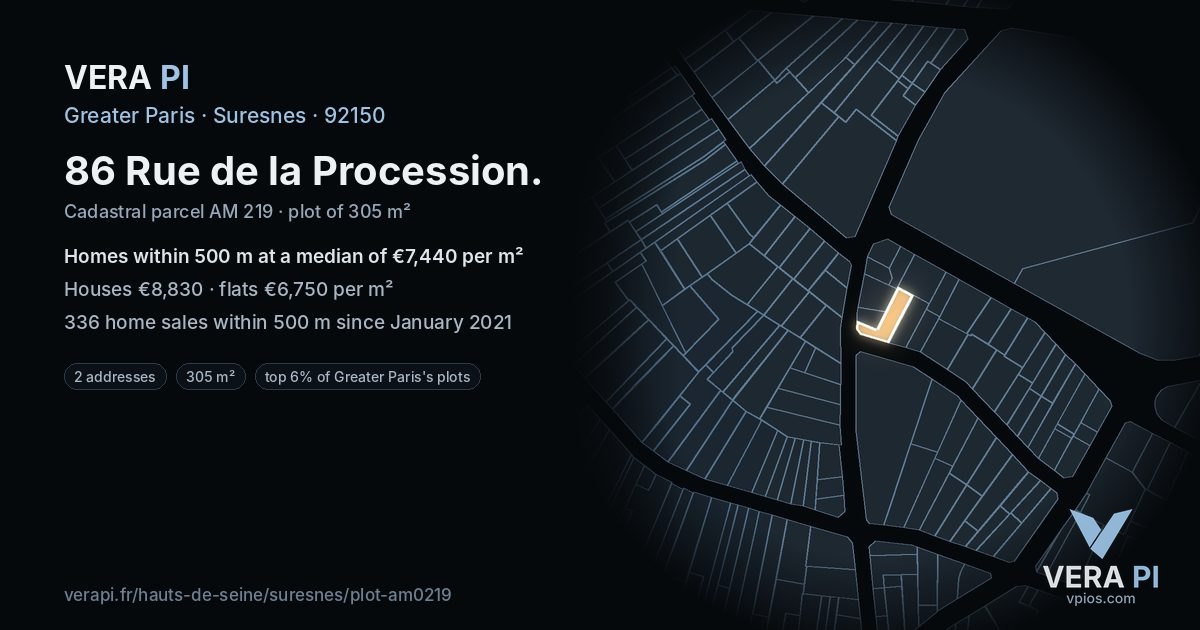 86 Rue de la Procession, Suresnes at night – the plot lit, the parcels around coloured by the prices near them