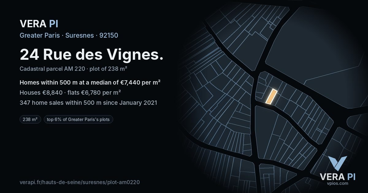 24 Rue des Vignes, Suresnes at night – the plot lit, the parcels around coloured by the prices near them