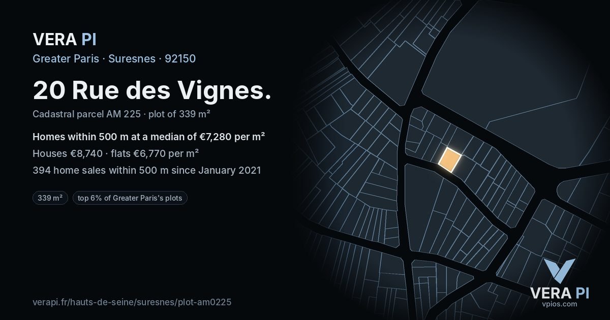 20 Rue des Vignes, Suresnes at night – the plot lit, the parcels around coloured by the prices near them