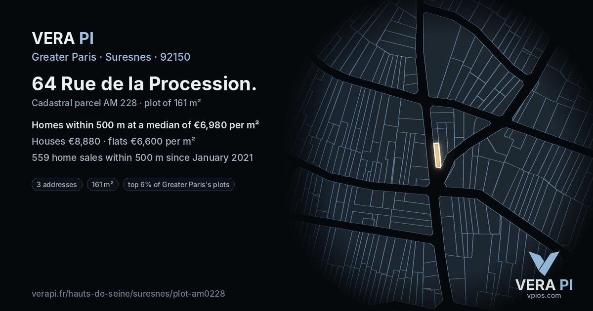 64 Rue de la Procession, Suresnes at night – the plot lit, the parcels around coloured by the prices near them