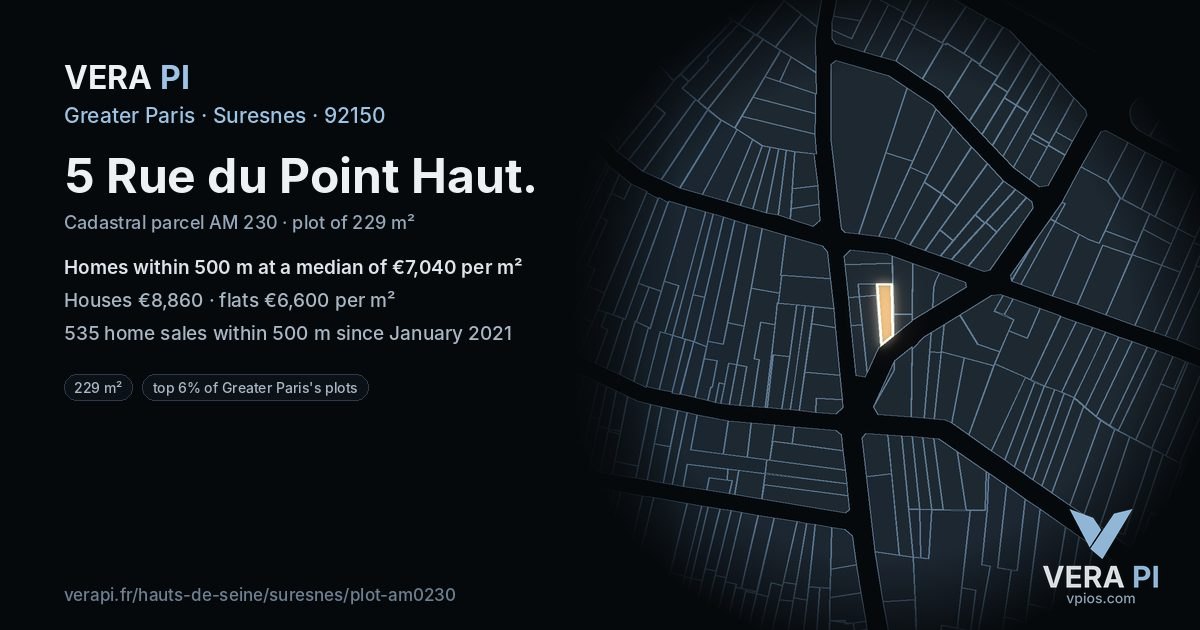 5 Rue du Point Haut, Suresnes at night – the plot lit, the parcels around coloured by the prices near them