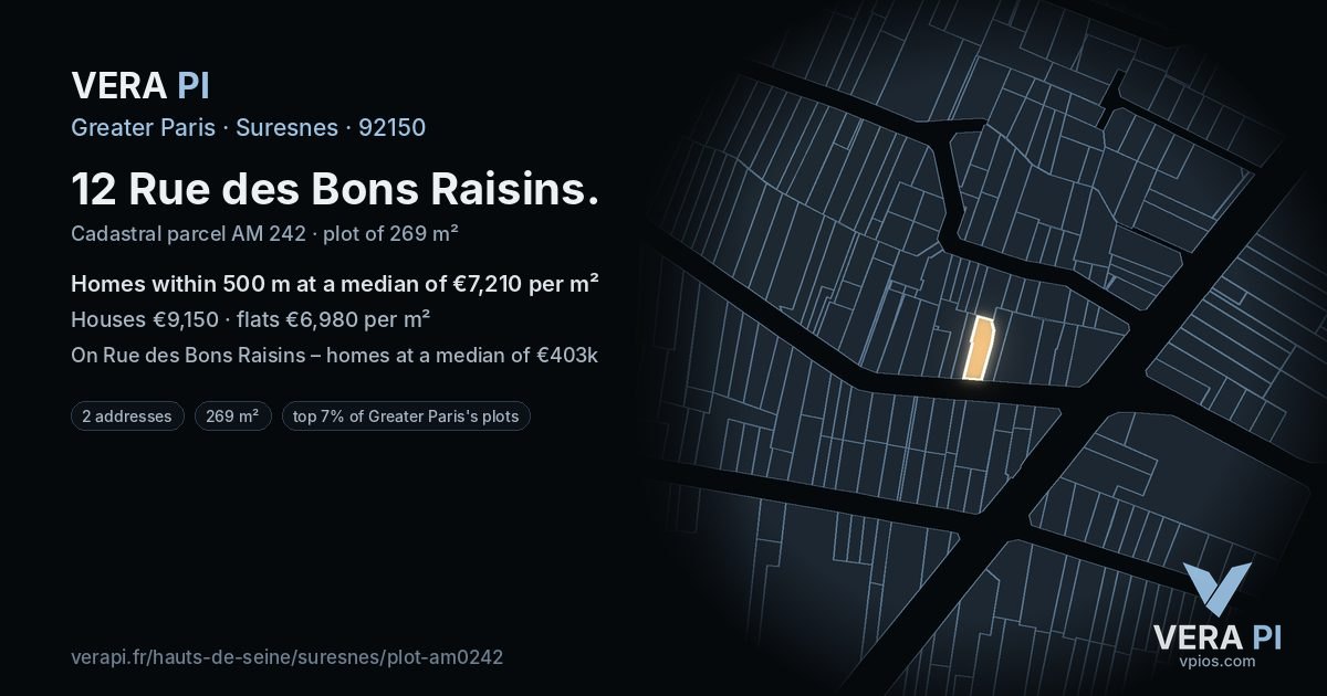12 Rue des Bons Raisins, Suresnes at night – the plot lit, the parcels around coloured by the prices near them