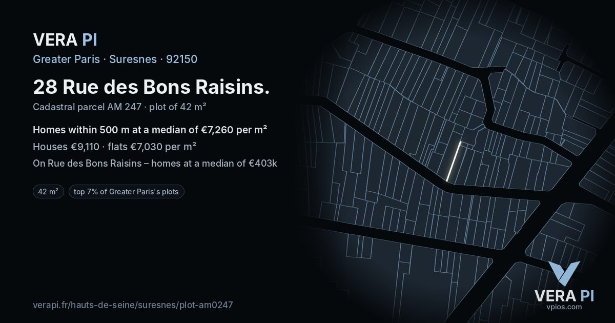 28 Rue des Bons Raisins, Suresnes at night – the plot lit, the parcels around coloured by the prices near them