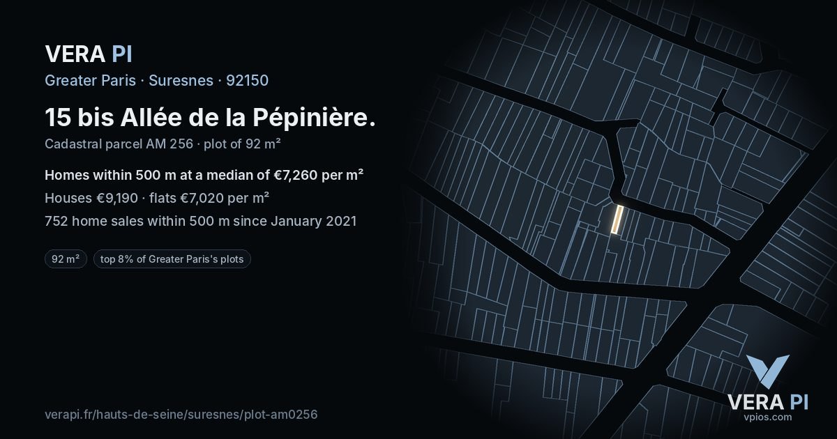 15 bis Allée de la Pépinière, Suresnes at night – the plot lit, the parcels around coloured by the prices near them