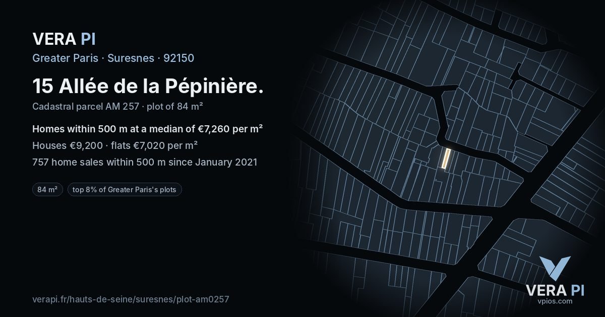 15 Allée de la Pépinière, Suresnes at night – the plot lit, the parcels around coloured by the prices near them
