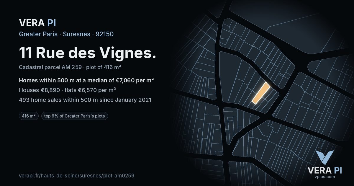 11 Rue des Vignes, Suresnes at night – the plot lit, the parcels around coloured by the prices near them
