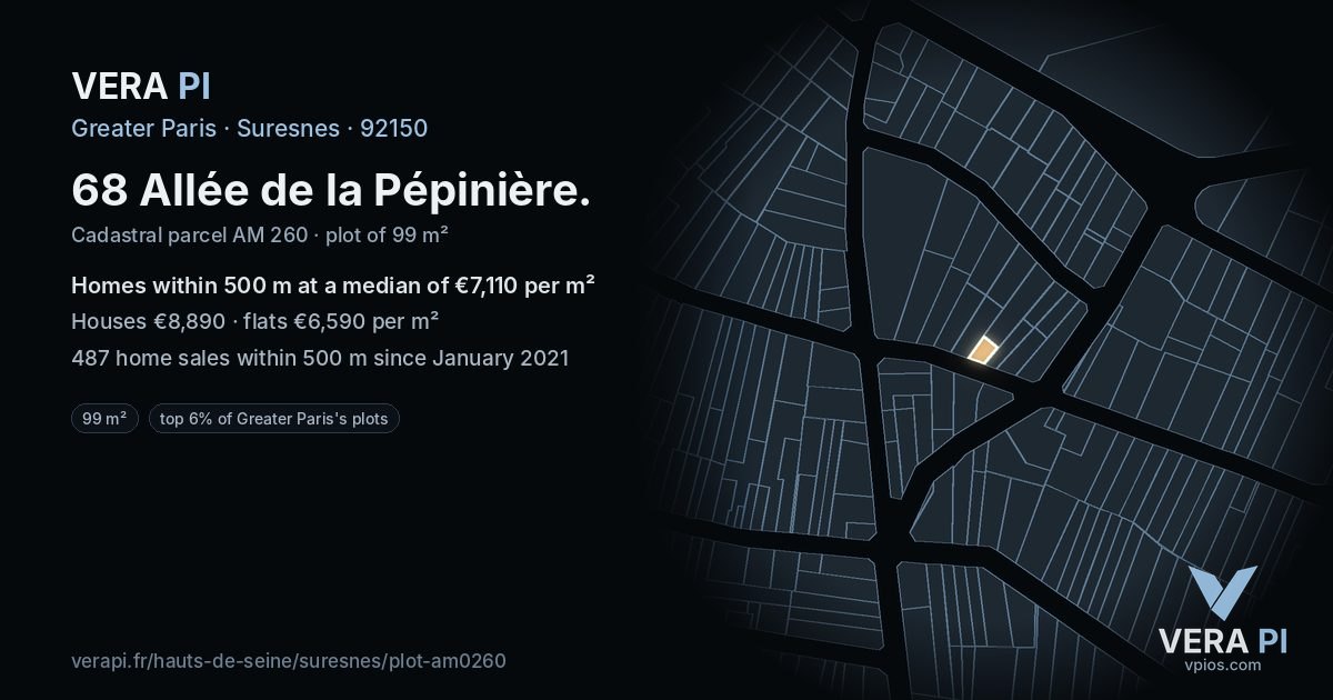 68 Allée de la Pépinière, Suresnes at night – the plot lit, the parcels around coloured by the prices near them