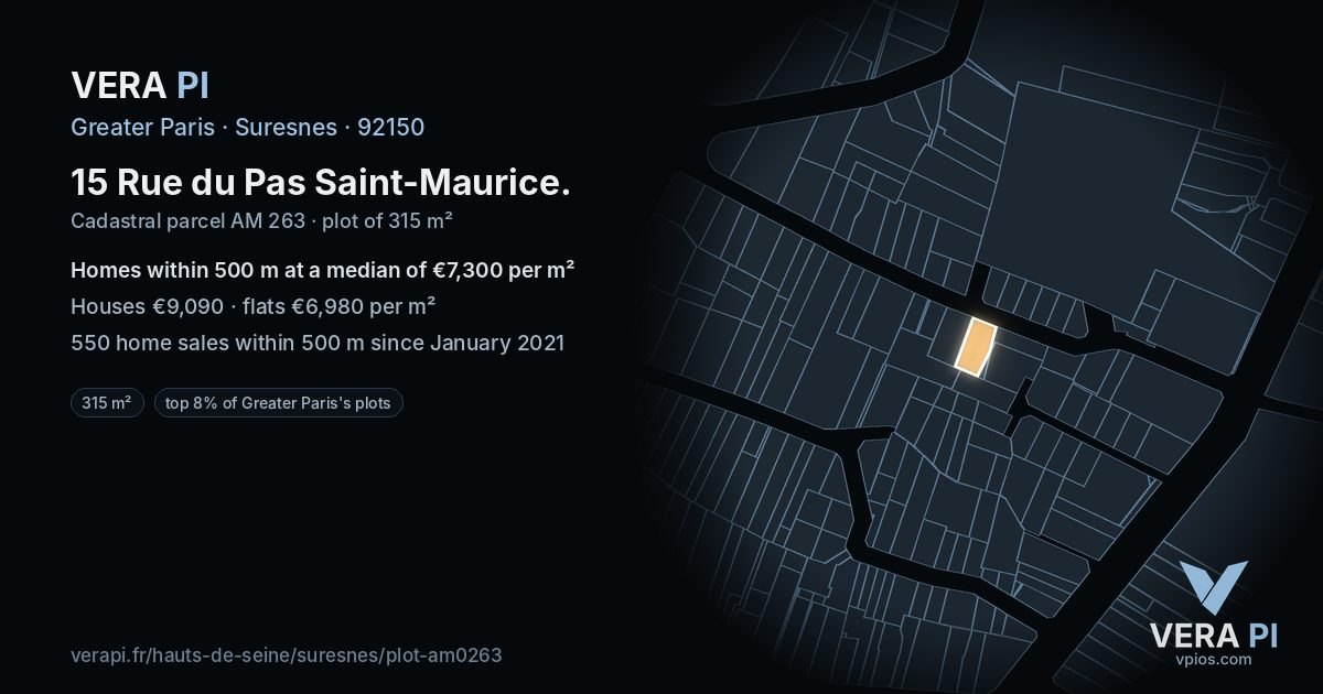 15 Rue du Pas Saint-Maurice, Suresnes at night – the plot lit, the parcels around coloured by the prices near them