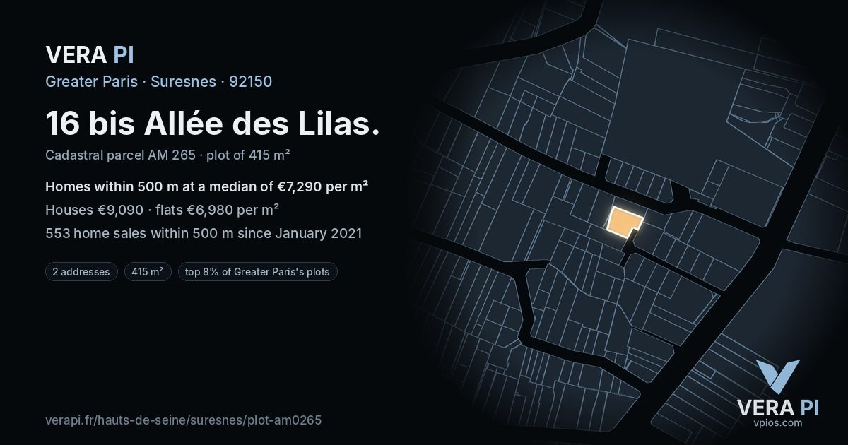 16 bis Allée des Lilas, Suresnes at night – the plot lit, the parcels around coloured by the prices near them
