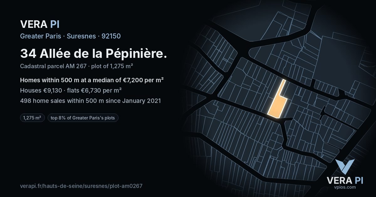 34 Allée de la Pépinière, Suresnes at night – the plot lit, the parcels around coloured by the prices near them