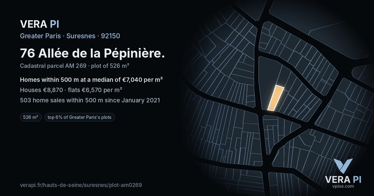 76 Allée de la Pépinière, Suresnes at night – the plot lit, the parcels around coloured by the prices near them
