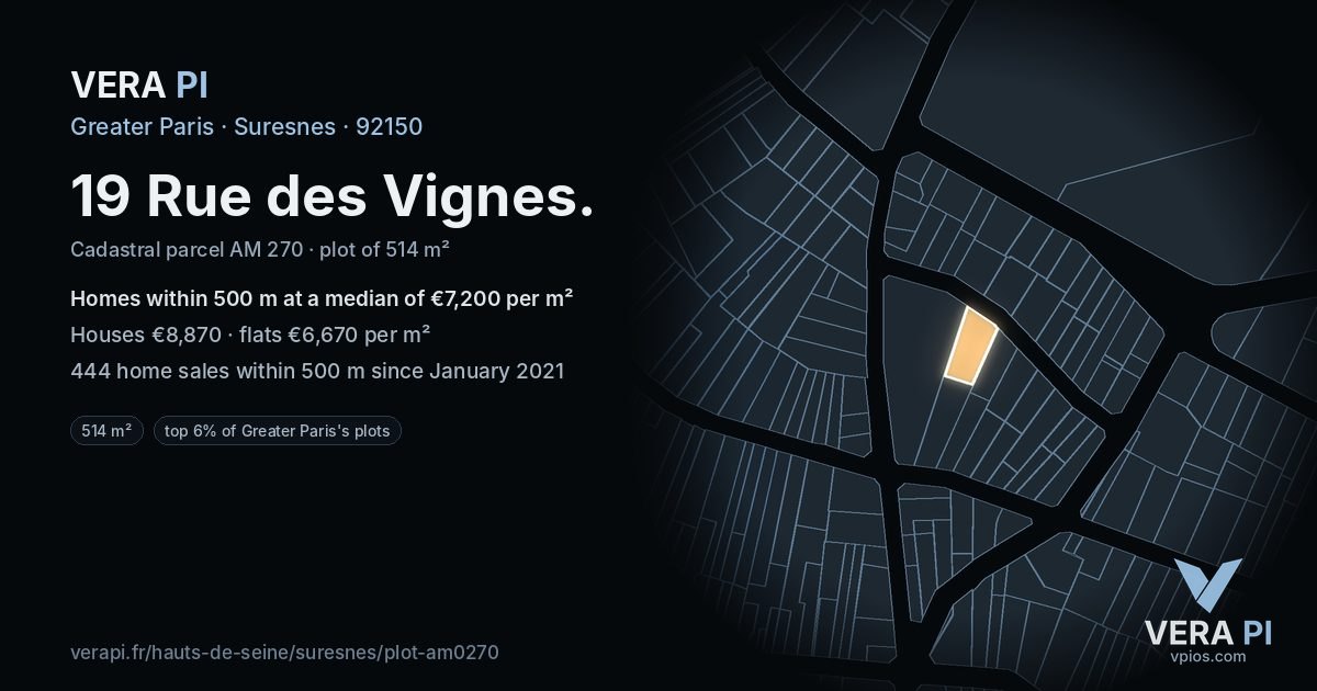 19 Rue des Vignes, Suresnes at night – the plot lit, the parcels around coloured by the prices near them