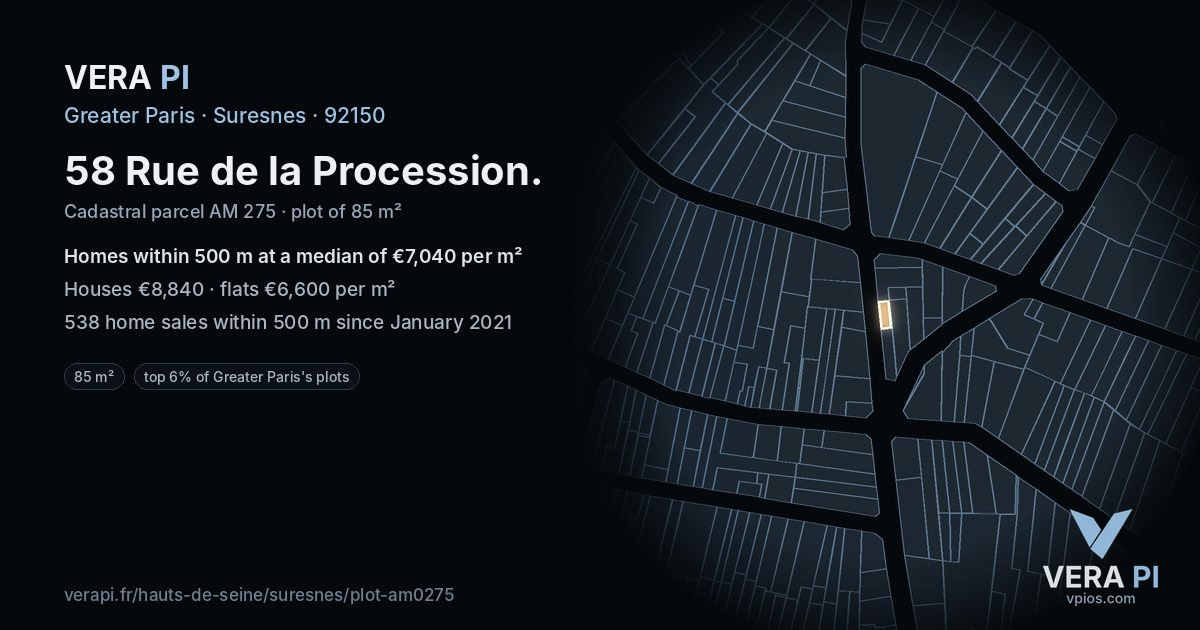 58 Rue de la Procession, Suresnes at night – the plot lit, the parcels around coloured by the prices near them