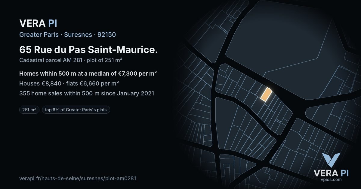 65 Rue du Pas Saint-Maurice, Suresnes at night – the plot lit, the parcels around coloured by the prices near them
