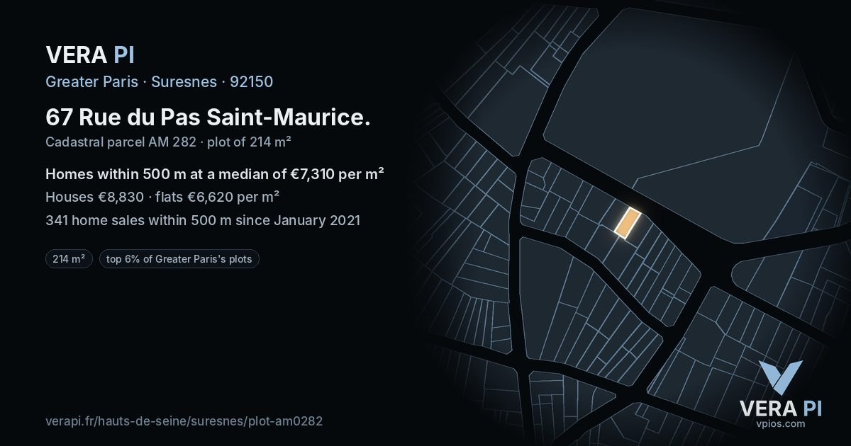 67 Rue du Pas Saint-Maurice, Suresnes at night – the plot lit, the parcels around coloured by the prices near them