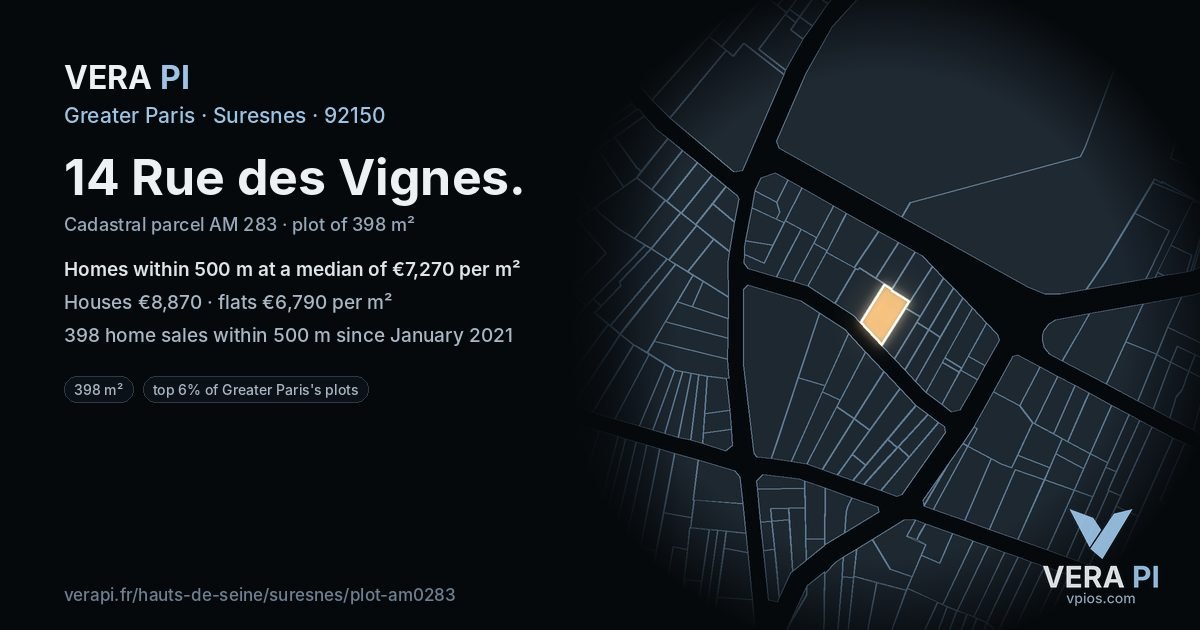 14 Rue des Vignes, Suresnes at night – the plot lit, the parcels around coloured by the prices near them
