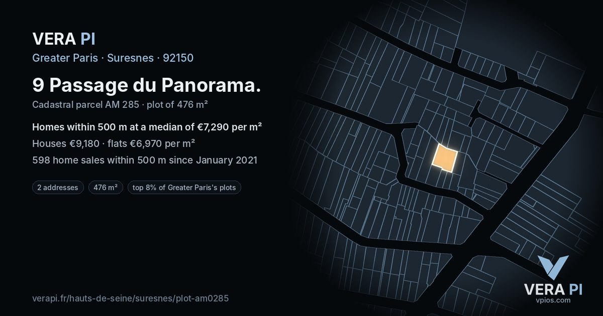 9 Passage du Panorama, Suresnes at night – the plot lit, the parcels around coloured by the prices near them