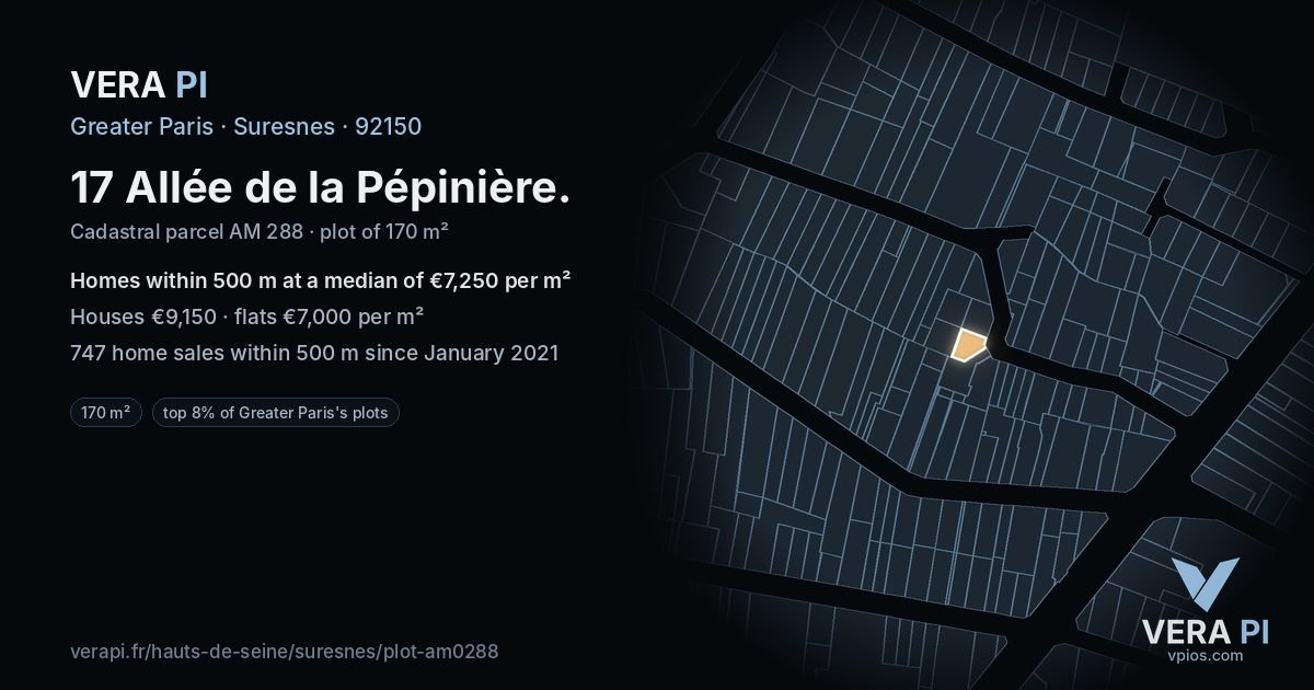 17 Allée de la Pépinière, Suresnes at night – the plot lit, the parcels around coloured by the prices near them